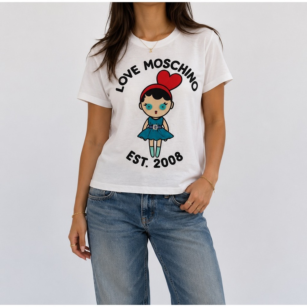 NWT Love Moschino T-Shirt Womens White Doll Graphic Est 2008 Short Sleeve Tee 4